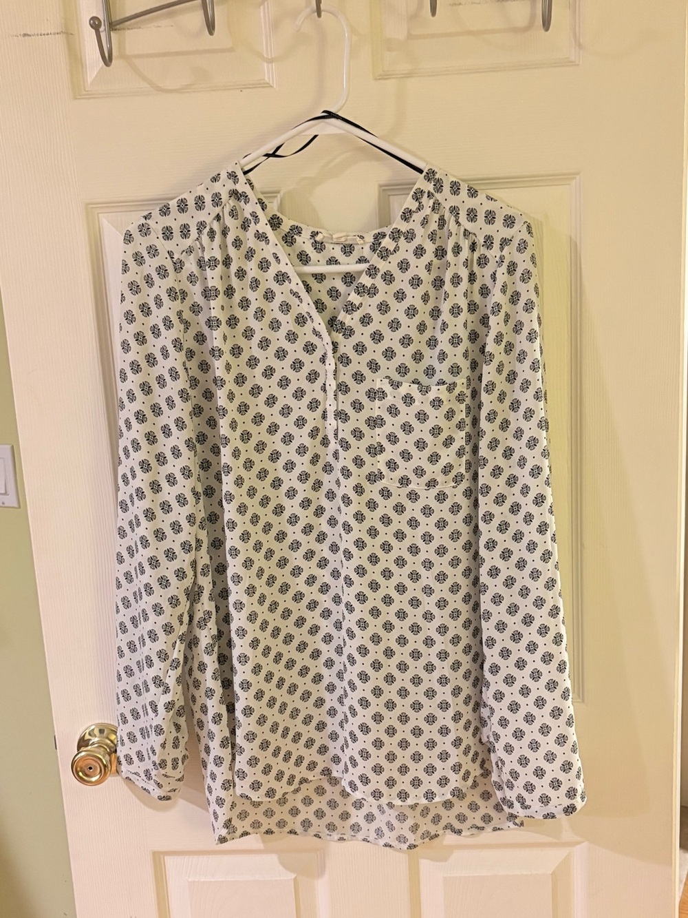 Pleione White Blouse with Navy Geometric Print